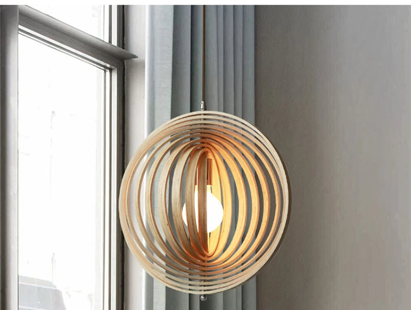Wooden Living Room Bamboo Dining Pendant  lamp Creative Moon Lamp Wood Ring Bedroom Hanging Lamp