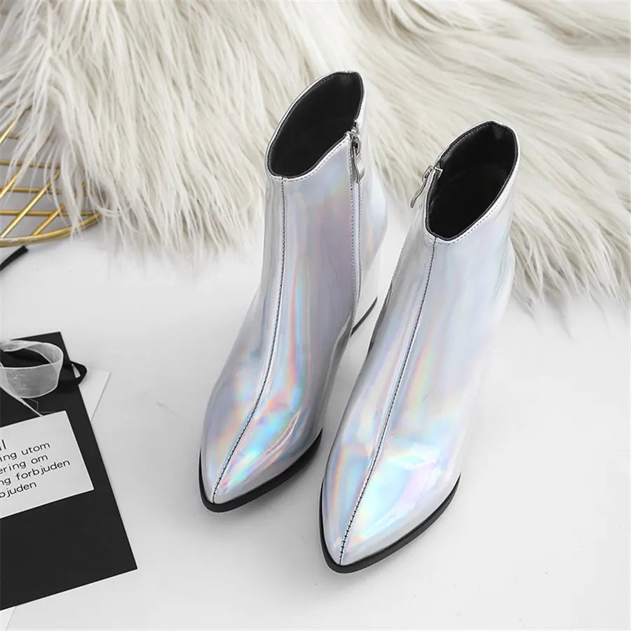 Silver Winter Women Ankle Boots Gold Mirror Patent Leather High Block Heel Party Office Lady Sexy Pointed Toe Zipper Short Plush