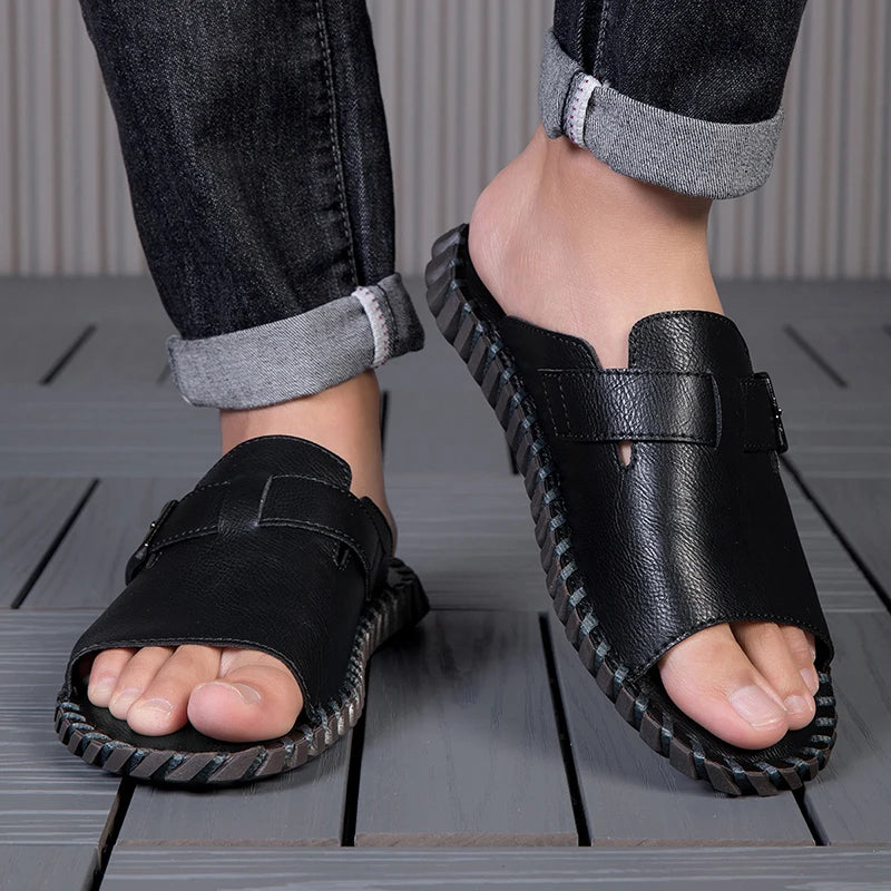 Hand Stitched Men Casual Slide Slippers Full Grain Cow Leather Upper Non Slip Rubber Outsole Daily Home Beach Shoes
