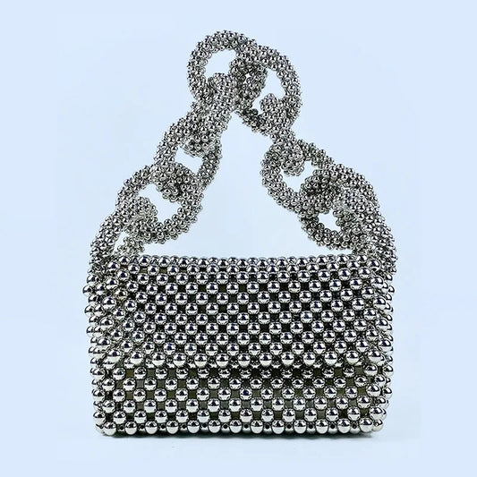 Silver Beaded Bag for Women New Bold Chunky Chain Mobile Phone Bag Hollow Bead Bag Finished Handheld One Shoulder Underarm Bag