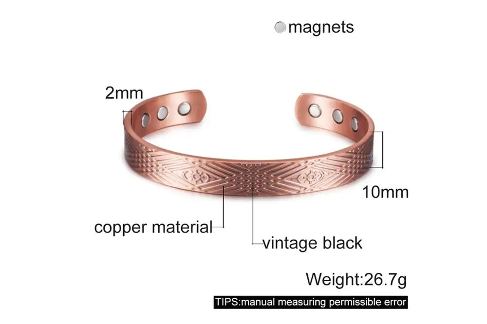 Vinterly Pure Copper Bracelet Men Magnetic Vintage Adjustable High Magnet Open Cuff Bangles Health Energy Jewelry for Male Women