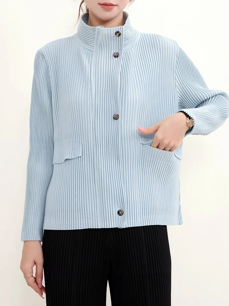 High End Miyake Pleated New Solid Color Collar Single Row Toothpick Pleated Retro Raincoat Commuting Women's Slim Fit Jacket