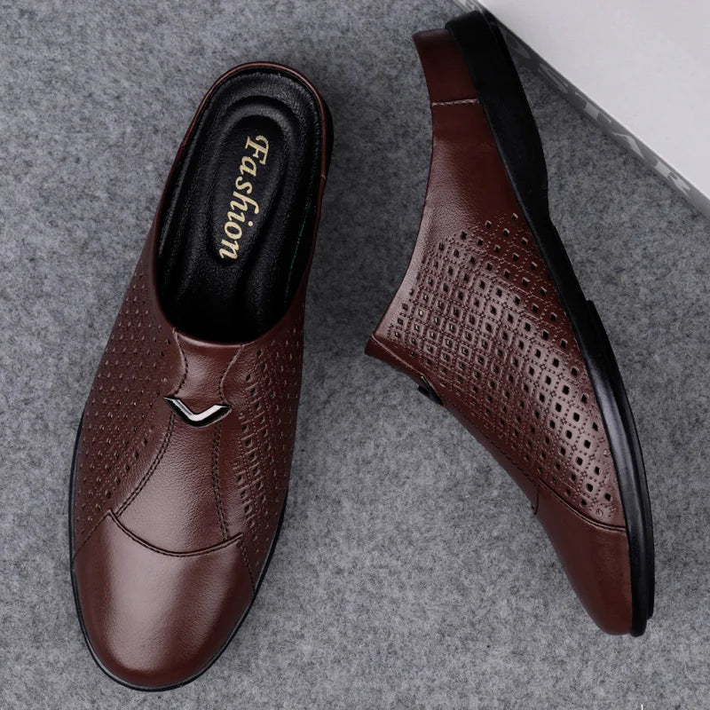 Summer Autumn Breathable Slip-On Men's Half Genuine Leather Formal Dress Loafers Holiday Comfort
