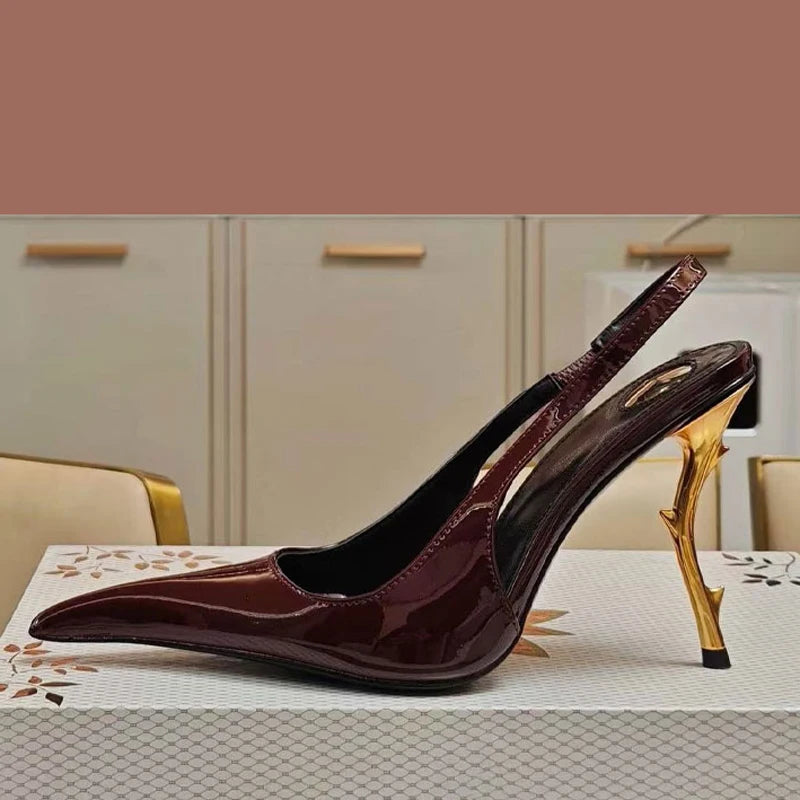 Slingback Women Back Strap Gold Strange Heels on  Pumps Patent Dress Sandals Pointed Toe Shoes