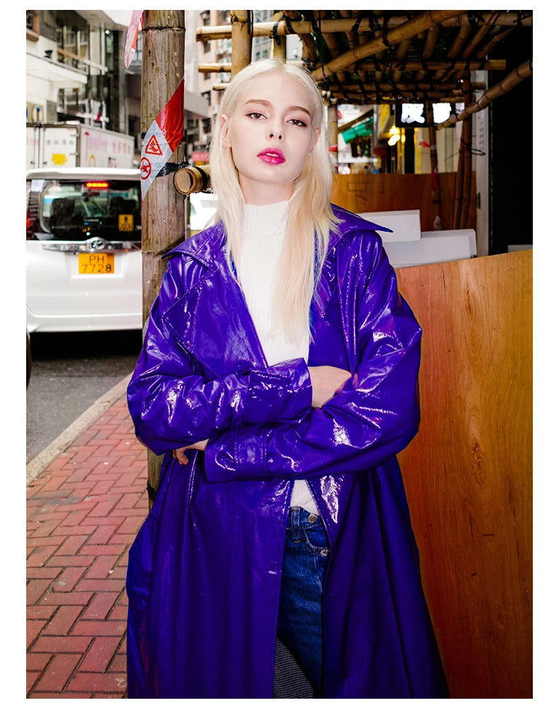 Nerazzurri Spring Autumn Purple Shiny Womens Patent Leather trench coat belt raglan sleeve Oversized soft runway long Overcoat