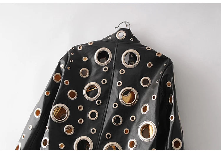 Rocker Runway Cut Out Short Faux Leather Jacket Golden Rivet Cool Stylish Designer Clothes Women European American Fashion 2022
