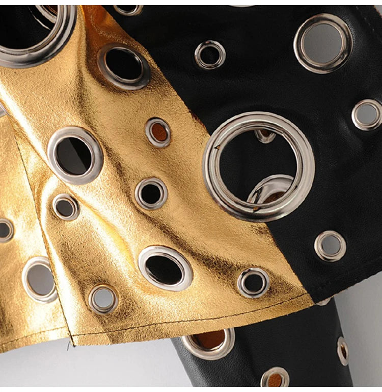 Rocker Runway Cut Out Short Faux Leather Jacket Golden Rivet Cool Stylish Designer Clothes Women European American Fashion 2022