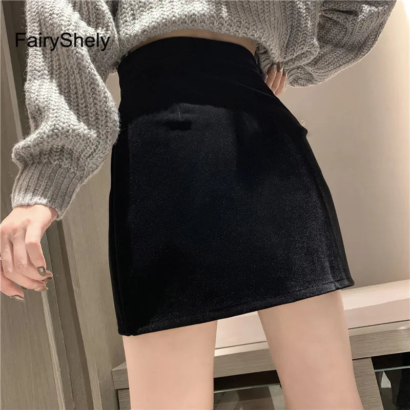 FairyShely Black Mini Skirt Women 2025 Velvet Short Pencil Skirt Korean Ladies Sexy Office Wear High Waist Skirts Zipper Faldas