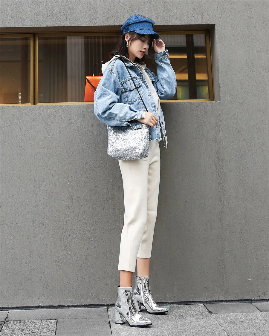 Silver Winter Women Ankle Boots Gold Mirror Patent Leather High Block Heel Party Office Lady Sexy Pointed Toe Zipper Short Plush