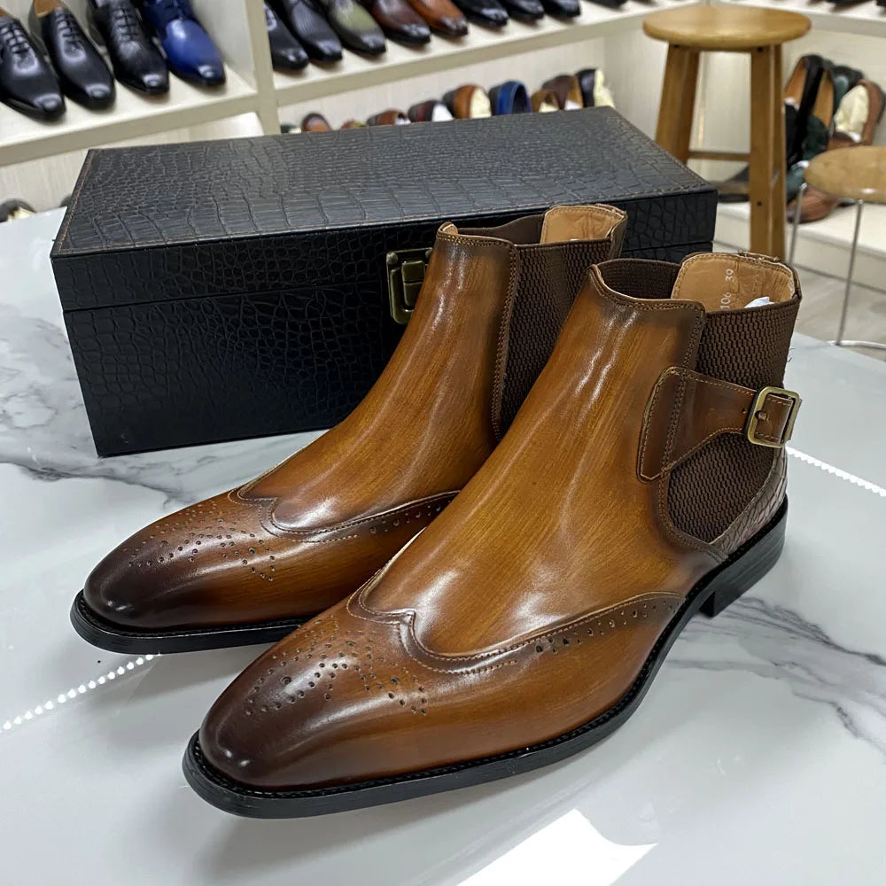 Luxury men's genuine leather ankle boots stylish lace-up pointed toe formal shoes for wedding office basic men's shoes