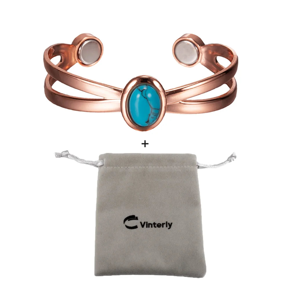Magnetic Copper Bracelets for Women Blue Stone Adjustable Cuff Copper Magnetic Bracelet Arthritis Cross Healing Energy Bangle