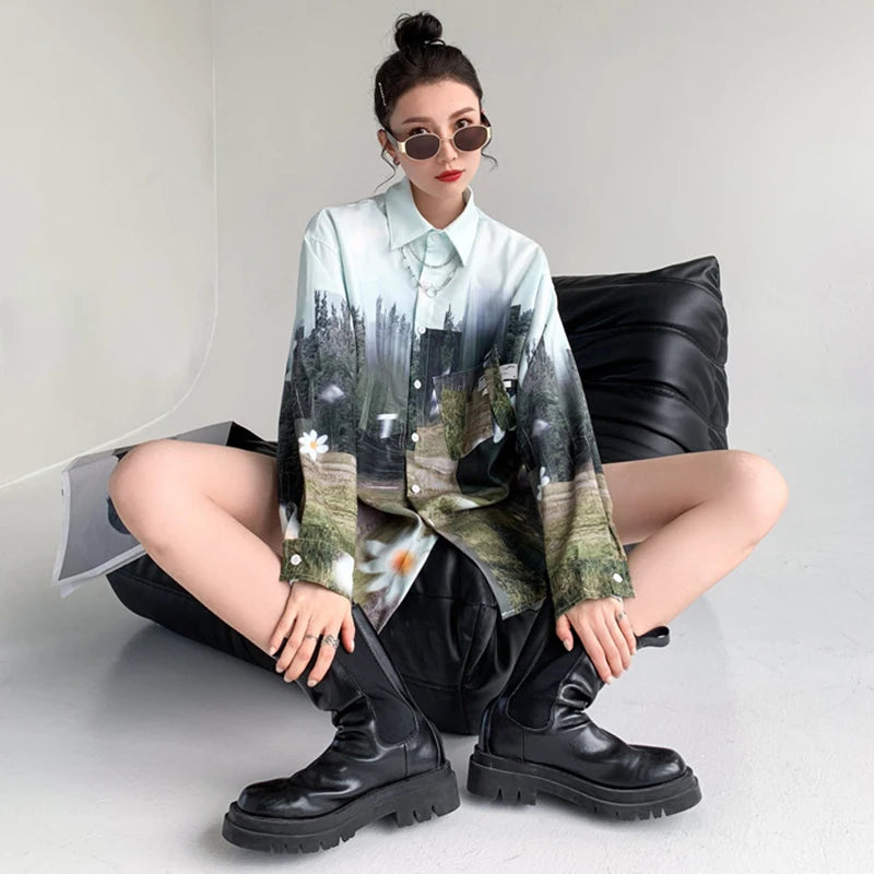 Oversized Women Blouses oil Printing shirts Harajuku Tops Long Sleeve Couple's Streetwear Blusas Mujer
