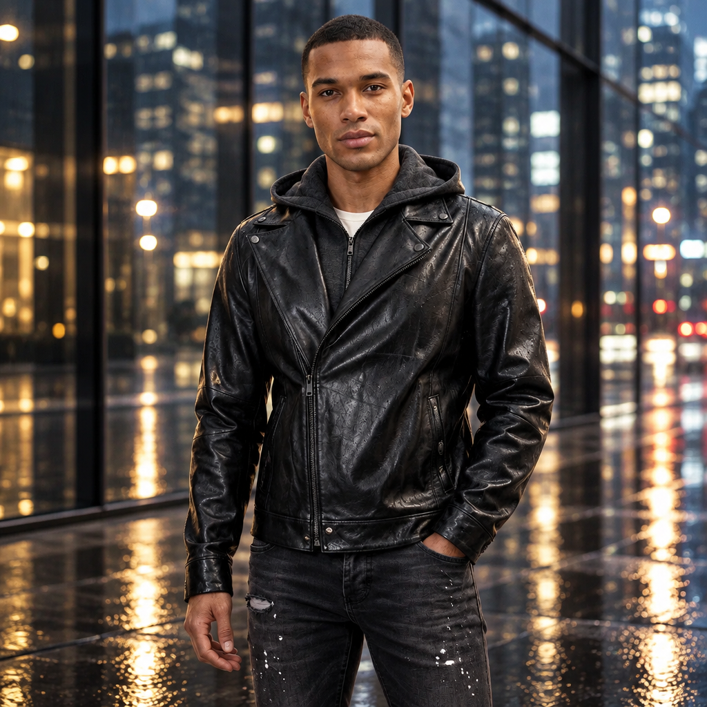 Custom Men Hooded Leather Jacket Detachable Hood Black Biker Jacket Slim Fit Motorcycle Coat Male Fashion Casual Streetwear OEM
