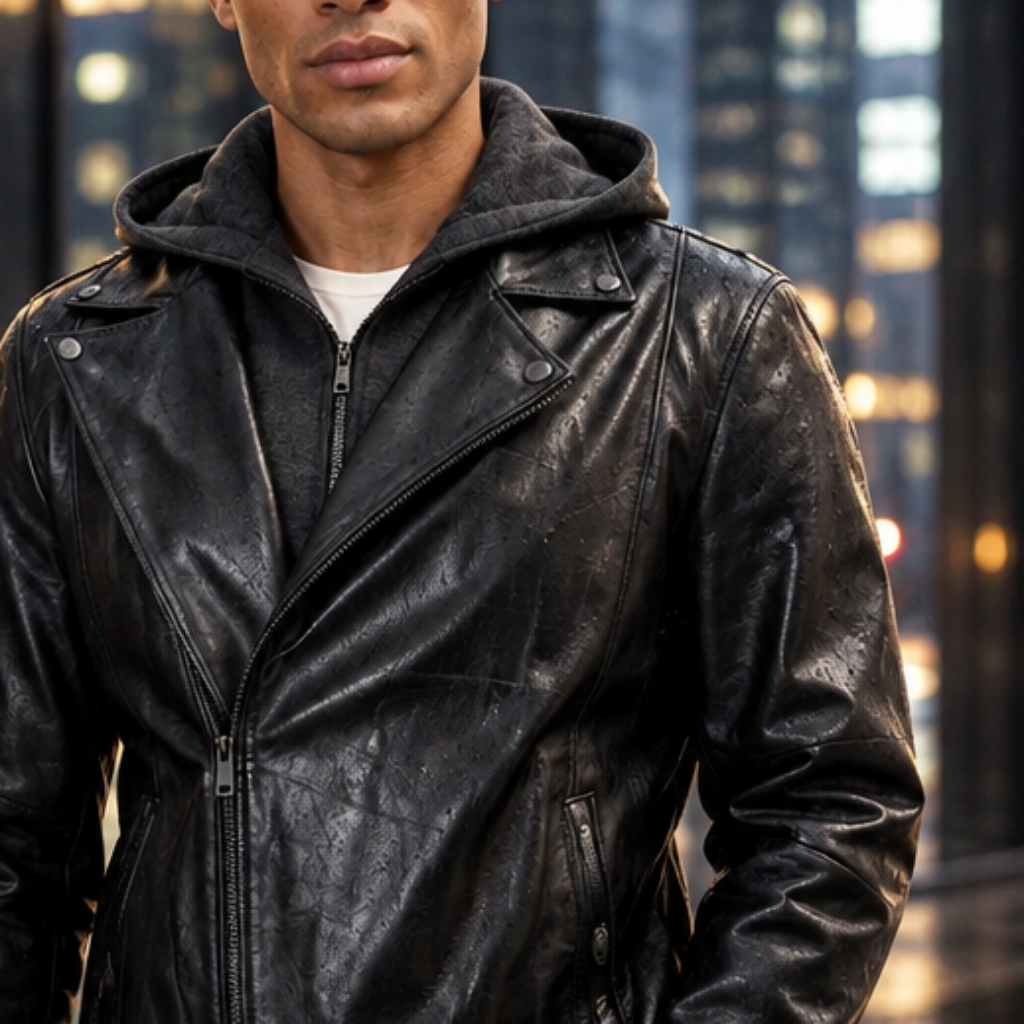 Custom Men Hooded Leather Jacket Detachable Hood Black Biker Jacket Slim Fit Motorcycle Coat Male Fashion Casual Streetwear OEM