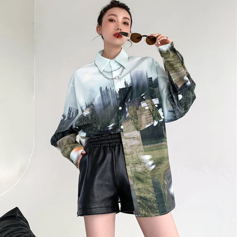 Oversized Women Blouses oil Printing shirts Harajuku Tops Long Sleeve Couple's Streetwear Blusas Mujer