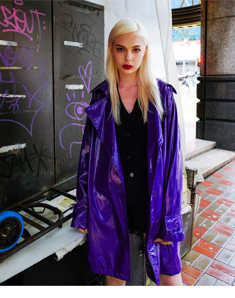 Nerazzurri Spring Autumn Purple Shiny Womens Patent Leather trench coat belt raglan sleeve Oversized soft runway long Overcoat