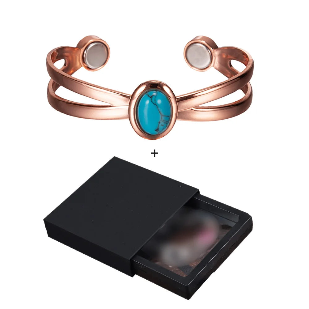 Magnetic Copper Bracelets for Women Blue Stone Adjustable Cuff Copper Magnetic Bracelet Arthritis Cross Healing Energy Bangle
