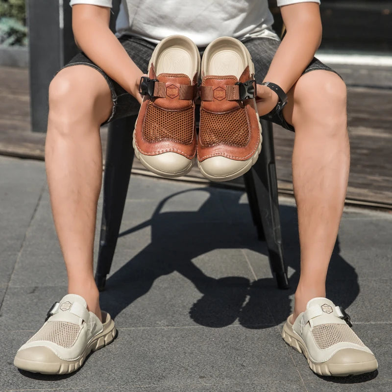 Men's Artisan Made Head Layer Leather Outdoor Slippers Cushioned Insole Breathable