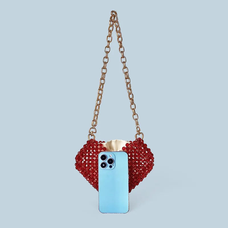 New French Casual Socialite Temperament Love Heart Jelly Beads Crossbody Bag High-end Bead Woven Red Heart-shaped Acrylic Bag