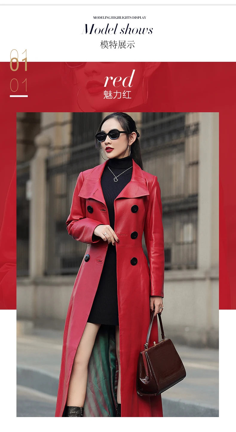 Nerazzurri Autumn Maxi Red Pu Leather Trench Coat for Women Long Sleeve Belt Double Breasted Elegant Luxury Runway Fashion 2023