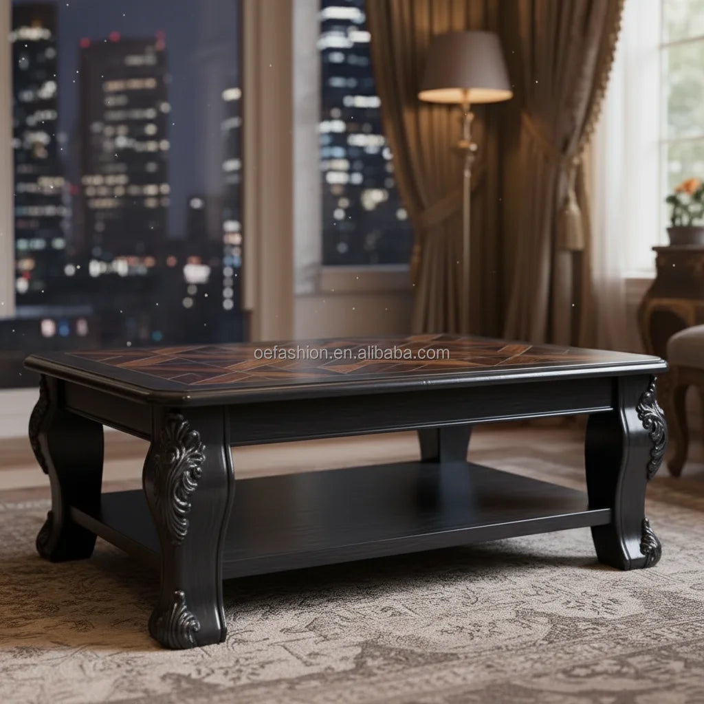 OE-FASHION French Neo-Classical Style Hand Carved Solid Wood Dining Server Chevron Veneer Credenza for Luxury Villa