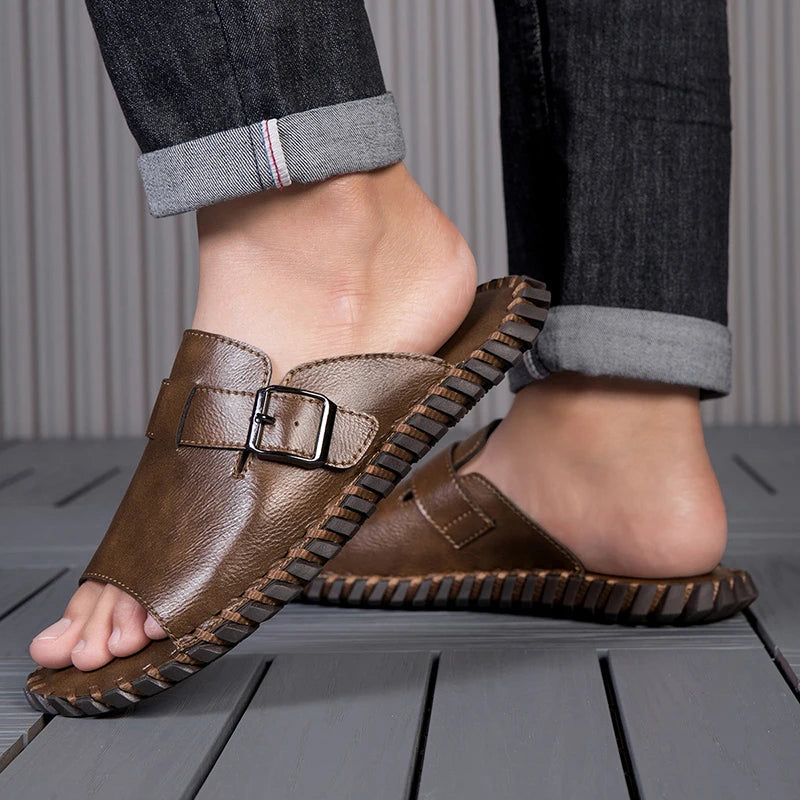 Hand Stitched Men Casual Slide Slippers Full Grain Cow Leather Upper Non Slip Rubber Outsole Daily Home Beach Shoes
