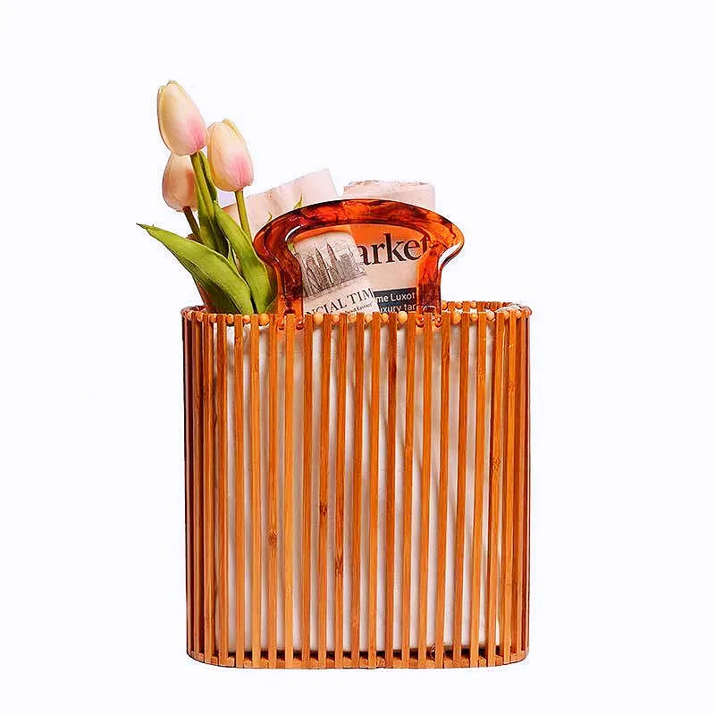 New Luxury Women Bags Designer Summer Acrylic Women Handbags Hollow Out Woven Bamboo Beach Basket Bag Bali Travel Bucket Handbag