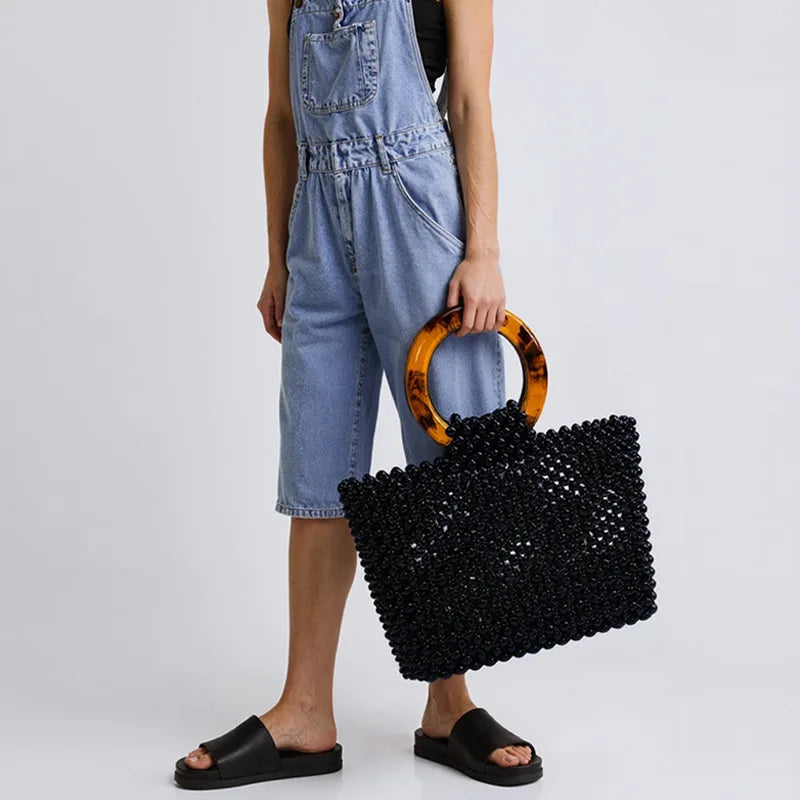 Double Circle Acrylic Handle New Amber Color Bead Tote Bag Women Beaded Acrylic High Quality Hand-woven Fashion Exquisite Purses