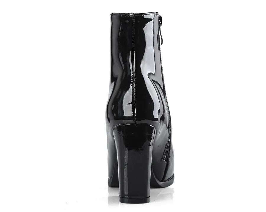 Silver Winter Women Ankle Boots Gold Mirror Patent Leather High Block Heel Party Office Lady Sexy Pointed Toe Zipper Short Plush