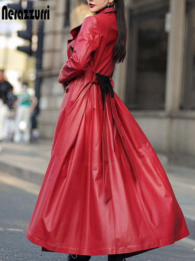 Nerazzurri Autumn Maxi Red Pu Leather Trench Coat for Women Long Sleeve Belt Double Breasted Elegant Luxury Runway Fashion 2023