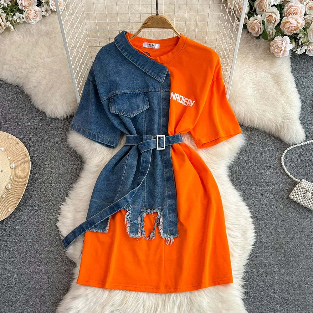 New Fashion Round Neck Color Blocking Women Casual Tops Denim T-Shirt Dresses