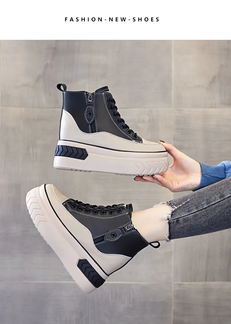 High Top Women Shoes Genuine Leather 8cm Platform Boots Ankle Wedge Hidden Heel Zip Autumn Warm Fur Winter Shoes Sneakers