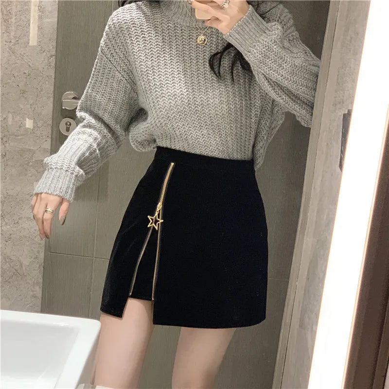 FairyShely Black Mini Skirt Women 2025 Velvet Short Pencil Skirt Korean Ladies Sexy Office Wear High Waist Skirts Zipper Faldas