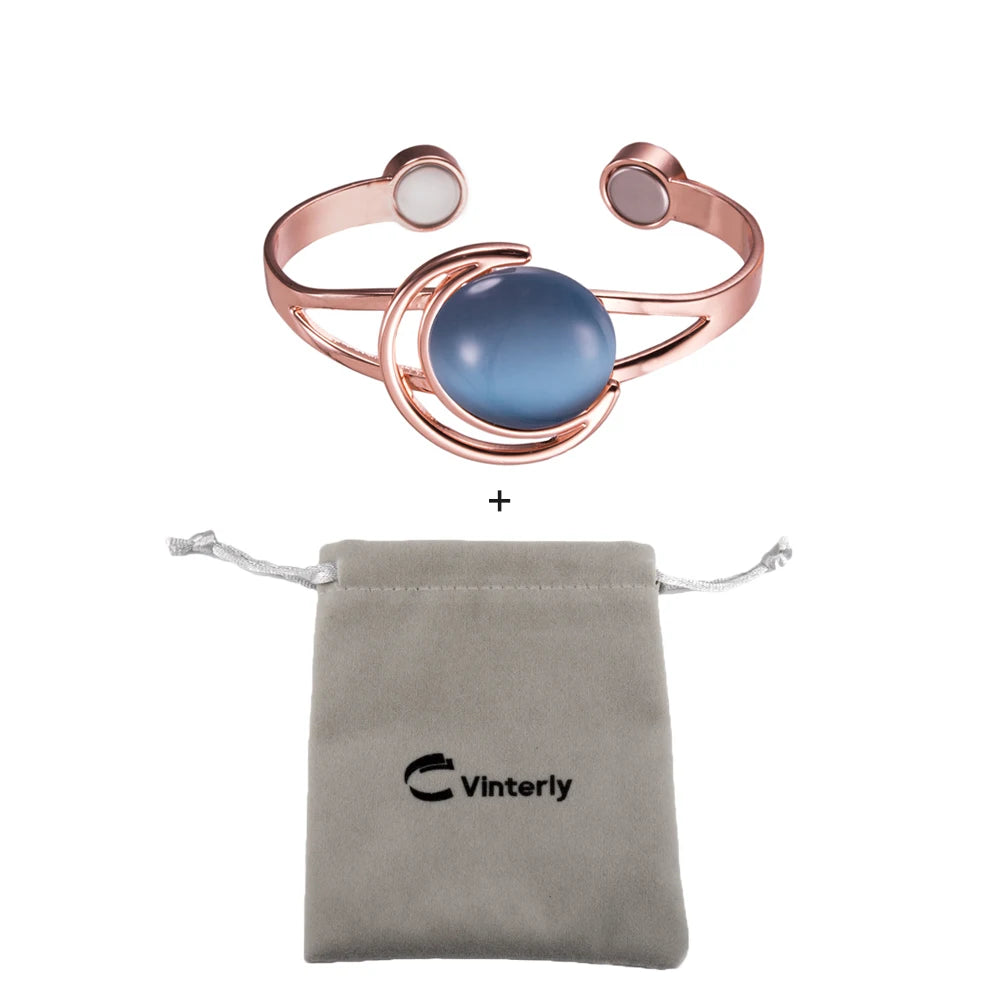 Vinterly Adjustable Magnetic Bracelet Pure Copper Brown Blue Stone High Magnet Arthritis Moon Sun Bangle Women Resizable Jewelry