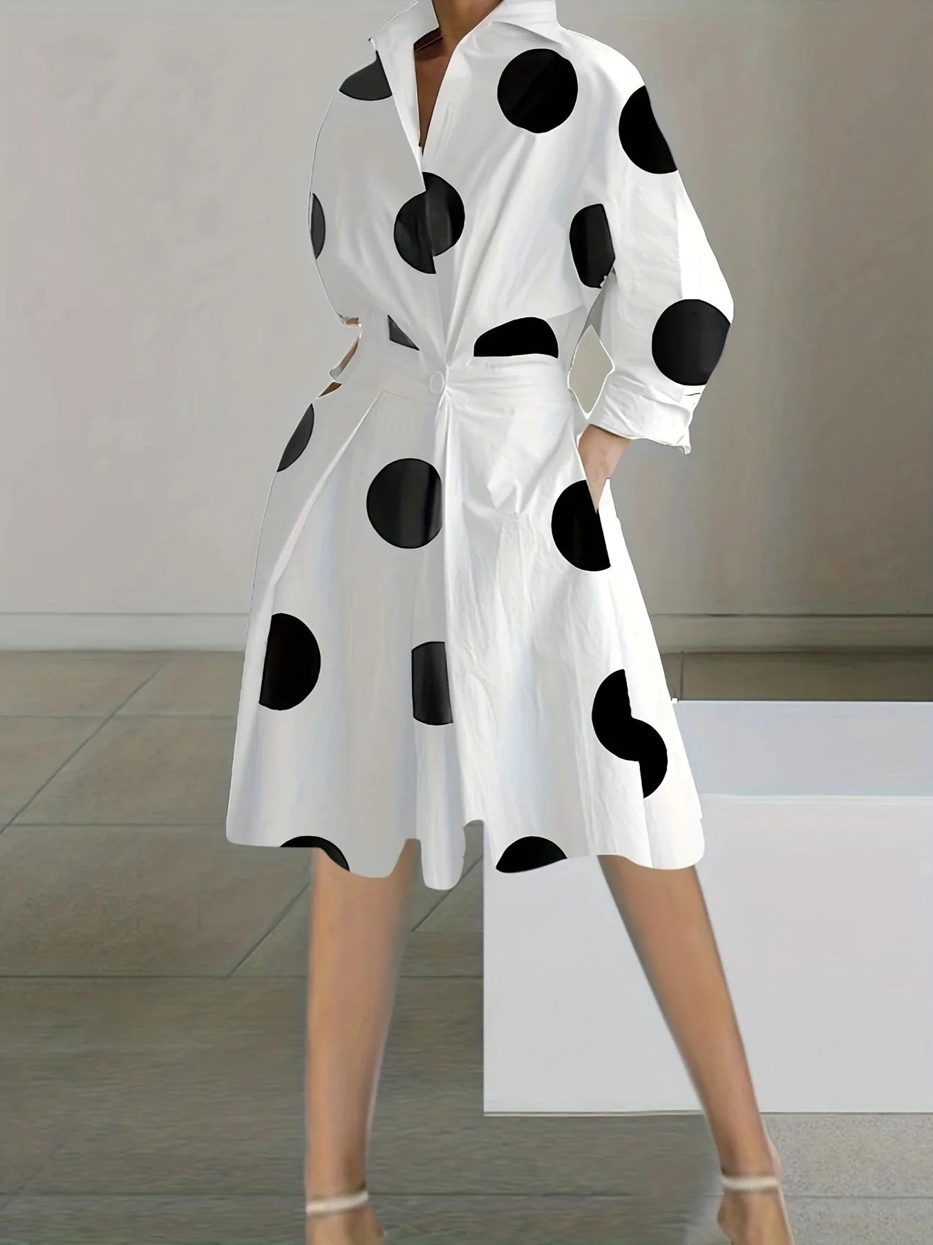 S-XXL Women's Casual Mid-Length Dress New Fashion Long-Sleeved V Neck Dot Pattern Hot Style for Ebay Aliexpress Wish for Autumn