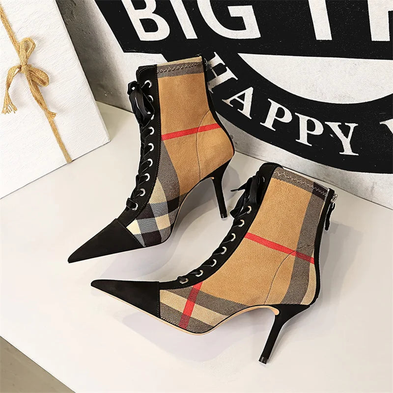 2024 Women's Fashion 8cm High Heels Ankle Pumps Pointed Toe Lace up Casual Ladies Short Boots Waterproof for Autumn
