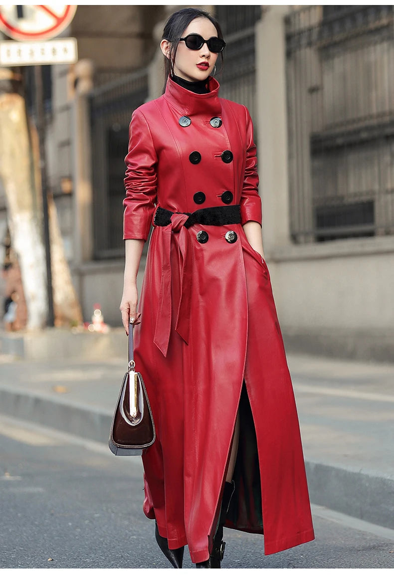 Nerazzurri Autumn Maxi Red Pu Leather Trench Coat for Women Long Sleeve Belt Double Breasted Elegant Luxury Runway Fashion 2023