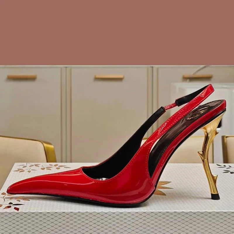 Slingback Women Back Strap Gold Strange Heels on  Pumps Patent Dress Sandals Pointed Toe Shoes