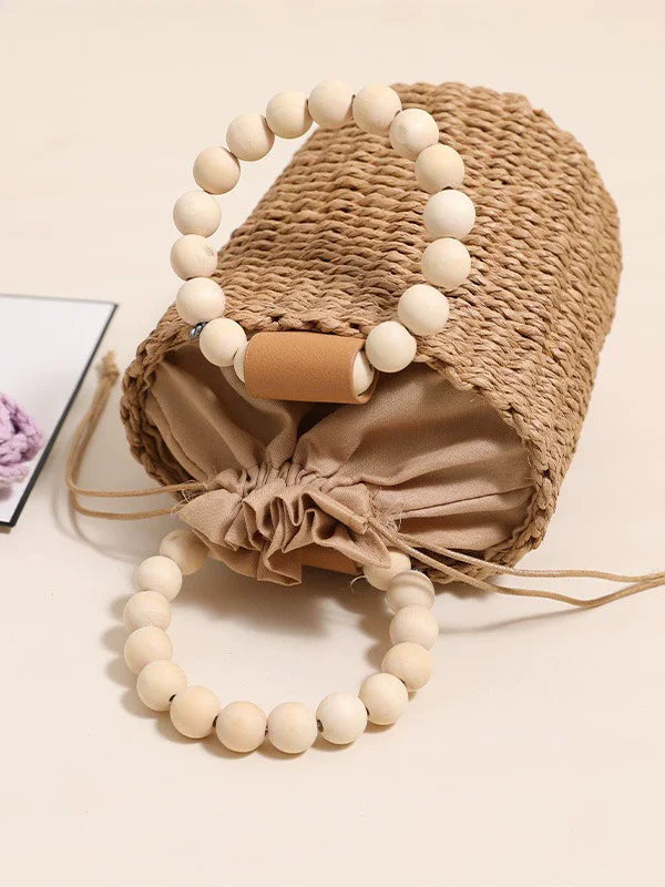 Boho 2026 New Handmade Beaded Handle Straw Woven Rattan Bucket Bag Large Capacity Soft Women's Travel Handbag