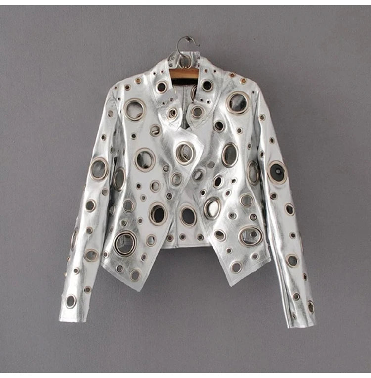 Rocker Runway Cut Out Short Faux Leather Jacket Golden Rivet Cool Stylish Designer Clothes Women European American Fashion 2022