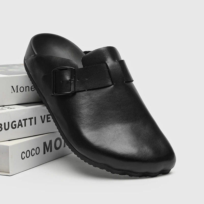 Men Women Soft Head Layer Leather Mules Thick Sole Minimalist Style Slip on