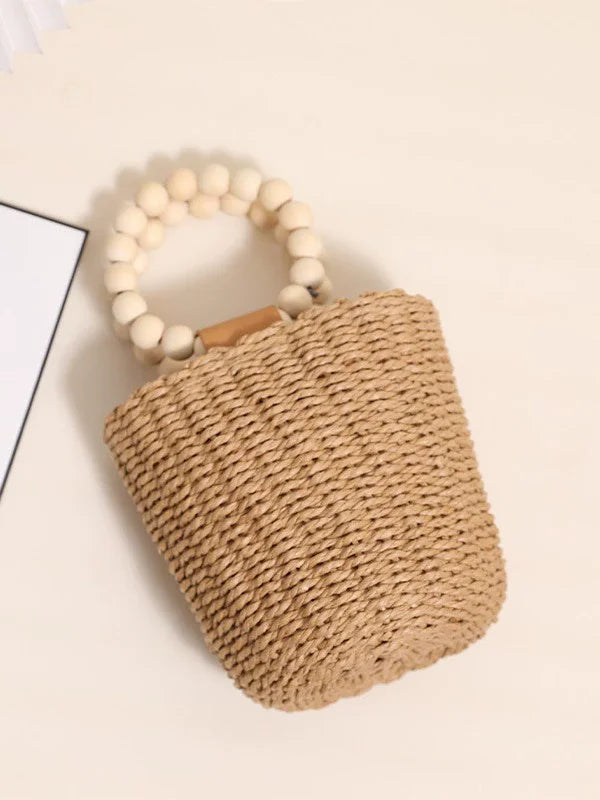 Boho 2026 New Handmade Beaded Handle Straw Woven Rattan Bucket Bag Large Capacity Soft Women's Travel Handbag