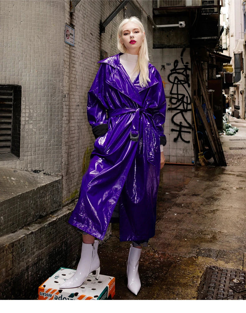 Nerazzurri Spring Autumn Purple Shiny Womens Patent Leather trench coat belt raglan sleeve Oversized soft runway long Overcoat