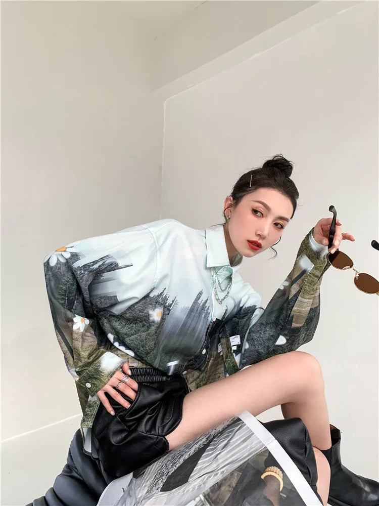Oversized Women Blouses oil Printing shirts Harajuku Tops Long Sleeve Couple's Streetwear Blusas Mujer