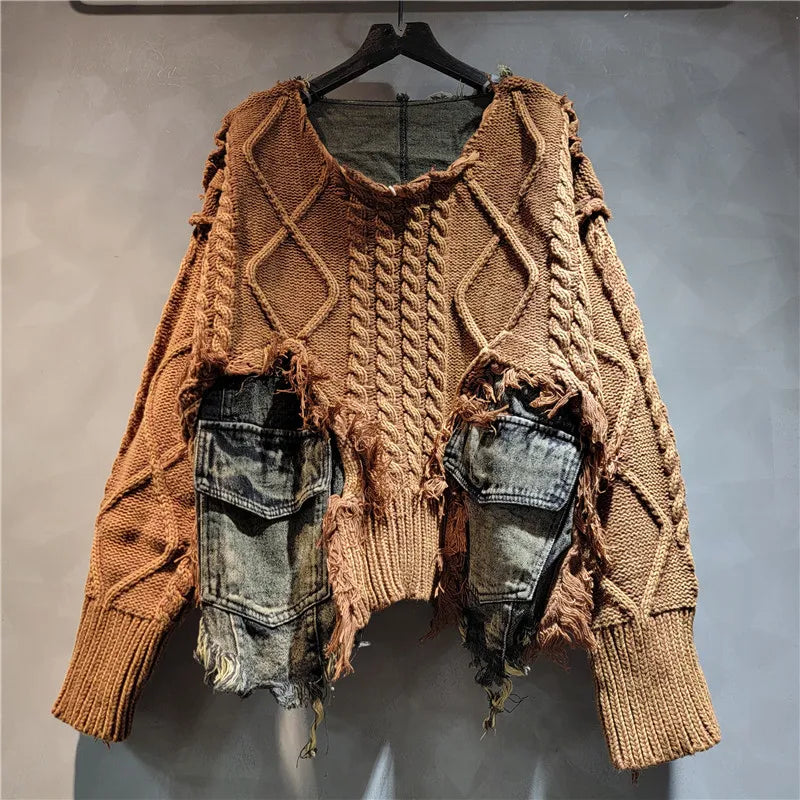 2026 Autumn New Fashionable Personalized Splicing Denim Round Neck Long Sleeve unisex Sweater