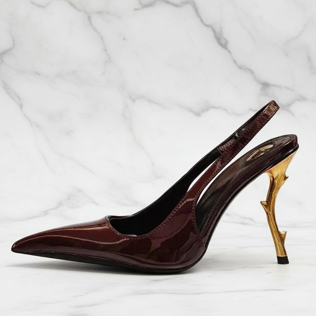 Slingback Women Back Strap Gold Strange Heels on  Pumps Patent Dress Sandals Pointed Toe Shoes