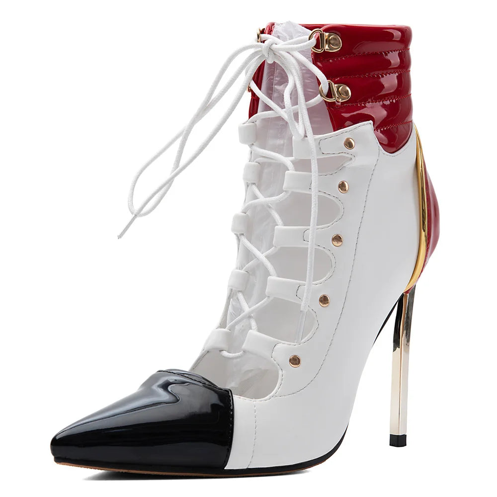 Women Stiletto Patchwork Sandals High Slim Metal Heels Ankle Boots Big Size 47 Front Cut Out Shoes Lace up Short Booties