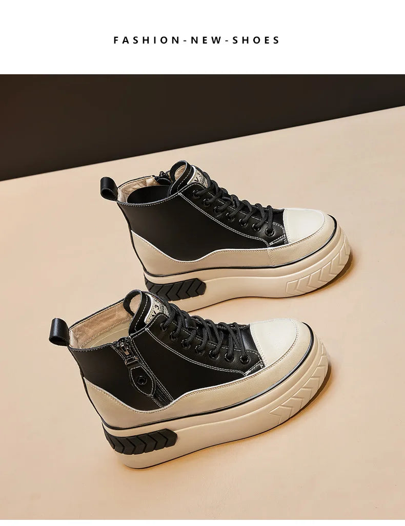 High Top Women Shoes Genuine Leather 8cm Platform Boots Ankle Wedge Hidden Heel Zip Autumn Warm Fur Winter Shoes Sneakers