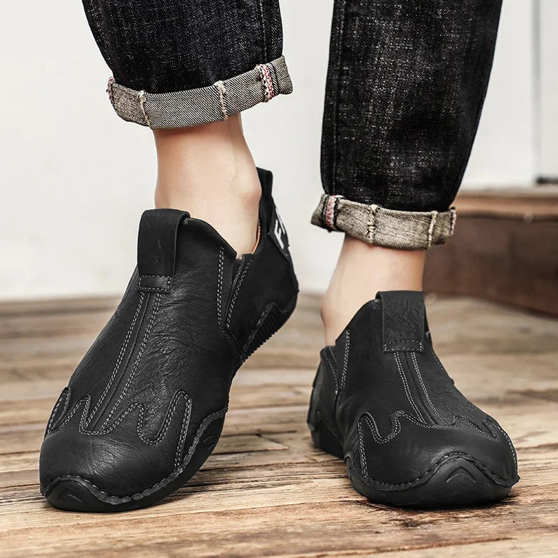 Men's Leather Slip-On Flat Business Shoes-Anti-Slip Breathable Comfort Lightweight for Long-Hour Use