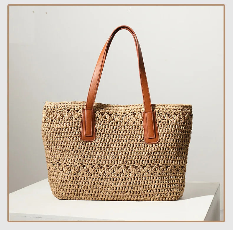 Summer Women's Large Capacity Tote Pouch Casual Handmade Beach Handbags with Soft PU Handle and Chain Decoration for Holidays